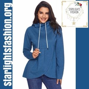 Blue Casual Asymmetric Hem Pullover Hoodie